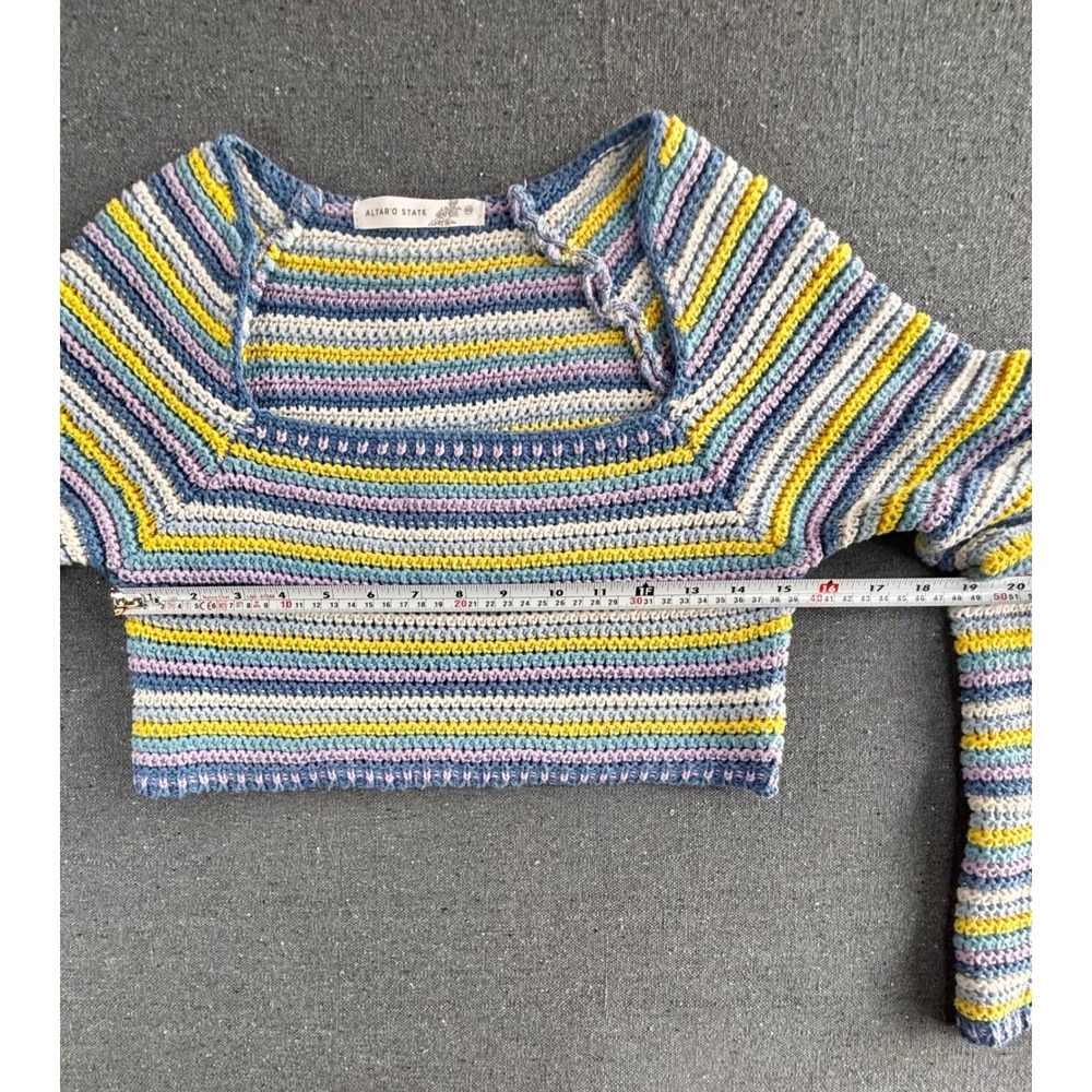 Altar'd State XS Striped Crochet Knit Cropped Sweater Square Neck Blue Yellow - Picture 4 of 7